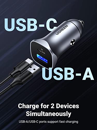 UGREEN USB C Car Charger, PD 20W & QC18W Fast Car Charger Adapter, Dual Port Mini USB Car Charger Compatible with iPhone 14/13/12/11/X/8, iPad, Galaxy S23/S22/S21/S20/Note 20, Google Pixel, LG