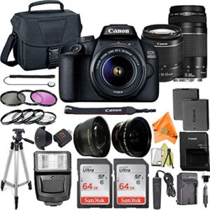 canon eos 4000d / rebel t100 dslr camera 18-55mm & 75-300mm lens + zeetech accessory bundle with 2 pack sandisk 64gb memory card, case, tripod and telephoto & wideangle lenses kit (renewed)