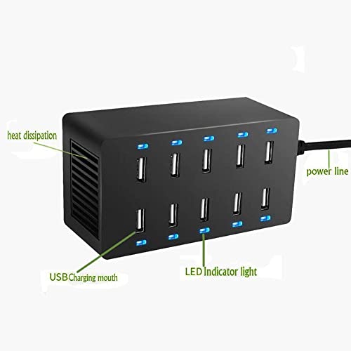 USB Charging Station, 60W 10 Port USB Charging Station, USB Charger Multi Port with Smart Detect, Compatible with iPhone, Galaxy, iPad Tablet, and Othercharging Station for Multiple Devices