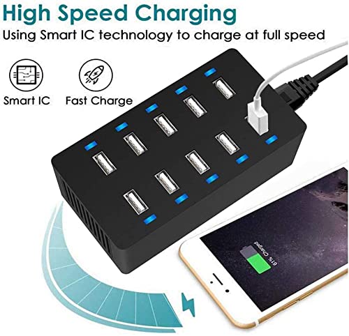 USB Charging Station, 60W 10 Port USB Charging Station, USB Charger Multi Port with Smart Detect, Compatible with iPhone, Galaxy, iPad Tablet, and Othercharging Station for Multiple Devices