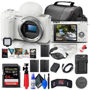 sony zv-e10 mirrorless camera (body only, white) (ilczv-e10/w) + 64gb card + corel photo software + bag + 2 x npf-w50 battery + external charger + card reader + led light + hdmi cable + more (renewed)