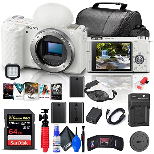 Sony ZV-E10 Mirrorless Camera (Body Only, White) (ILCZV-E10/W) + 64GB Card + Corel Photo Software + Bag + 2 x NPF-W50 Battery + External Charger + Card Reader + LED Light + HDMI Cable + More (Renewed)