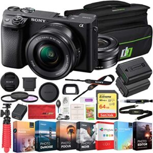 sony ilce-6400l a6400 mirrorless aps-c interchangeable-lens camera with 16-50mm lens bundle with 64gb memory card, photo and video editing suite, camera bag, 40.5mm filter kit and camera battery