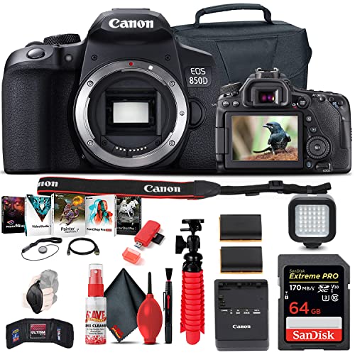 Canon EOS Rebel 850D / T8i DSLR Camera (Body Only), 64GB Card, Case, Corel Photo Software, 2 x LPE17 Battery, Charger, Card Reader, LED Light, Flex Tripod + More (Renewed)