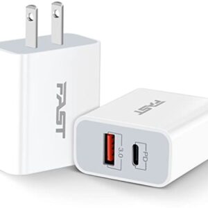 Power-7 Fast USB C Charger, 2-Pack 20W PD + Quick Charger Dual Port Type C Wall Charger Block Plug Compatible with iPhone 14/14 Plus/14 Pro/14 Pro Max/13/13 Pro Max/12/11/XS/XR/X/8, iPad, AirPods