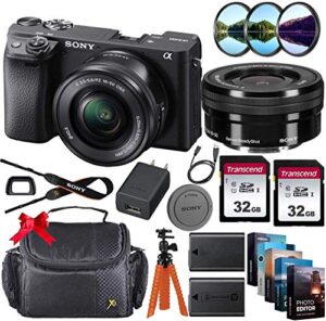 sony alpha a6400 mirrorless digital camera with 16-50mm lens + 2 x 32gb memory cards, sturdy equipment carrying case, spider tripod, software kit and more