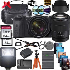 sony alpha a6600 mirrorless digital camera 24.2mp 4k with 18-135mm lens + 64gb & 32gb memory cards, sturdy equipment carrying case, spider tripod, camera flash, software kit and more
