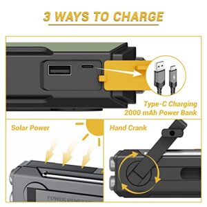 Emergency Radio Hand Crank Solar, Wind Up Solar Radio Flashlight Cell Phone Charger 2000mAh Battery Portable AM/FM/NOAA Weather Radio SOS Alarm for Camping Hurricane Earthquake Home &Outdoor Emergency