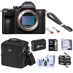 sony alpha a7r iii mirrorless digital camera body (v2) bundle with 128gb sd card, bag, extra battery, wrist trap, screen protector and accessories