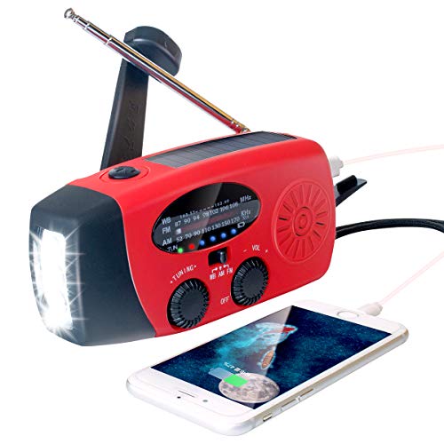 Upgraded Emergency Solar Hand Crank Radio with LED Flashlight, Portable Am Fm NOAA Weather Radio, 2000mAh Solar Power Bank Cell Phone Charger for Home and Outdoor（Red）