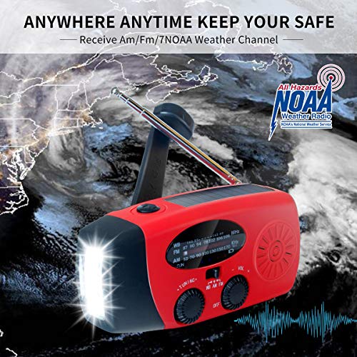 Upgraded Emergency Solar Hand Crank Radio with LED Flashlight, Portable Am Fm NOAA Weather Radio, 2000mAh Solar Power Bank Cell Phone Charger for Home and Outdoor（Red）