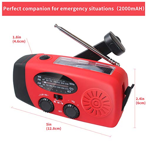 Upgraded Emergency Solar Hand Crank Radio with LED Flashlight, Portable Am Fm NOAA Weather Radio, 2000mAh Solar Power Bank Cell Phone Charger for Home and Outdoor（Red）