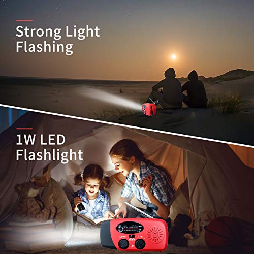 Upgraded Emergency Solar Hand Crank Radio with LED Flashlight, Portable Am Fm NOAA Weather Radio, 2000mAh Solar Power Bank Cell Phone Charger for Home and Outdoor（Red）