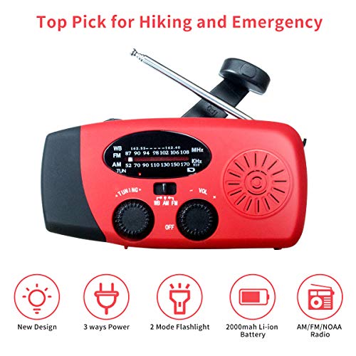 Upgraded Emergency Solar Hand Crank Radio with LED Flashlight, Portable Am Fm NOAA Weather Radio, 2000mAh Solar Power Bank Cell Phone Charger for Home and Outdoor（Red）