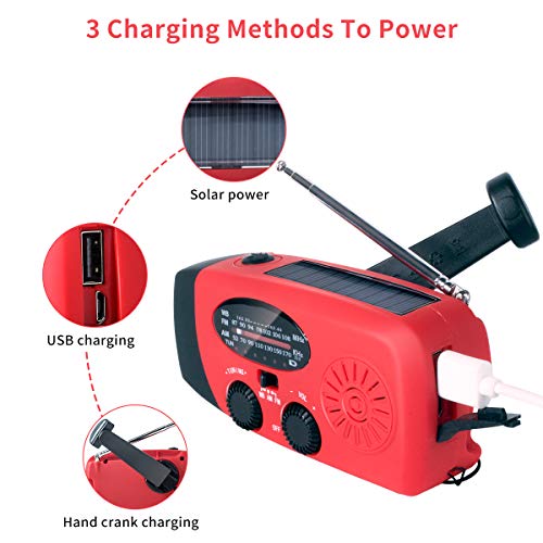 Upgraded Emergency Solar Hand Crank Radio with LED Flashlight, Portable Am Fm NOAA Weather Radio, 2000mAh Solar Power Bank Cell Phone Charger for Home and Outdoor（Red）