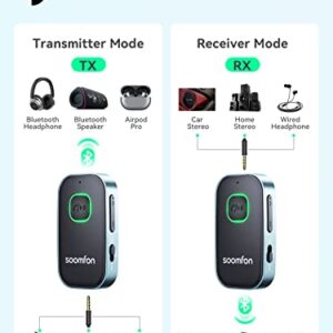 Bluetooth 5.0 AUX Adapter Transmitter Receiver 2 in 1 - SOOMFON 3.5mm Bluetooth Adapter Dual Connection, Wireless Audio Adapter for TV/Home Stereo/Car/Headphones/Speakers/PC