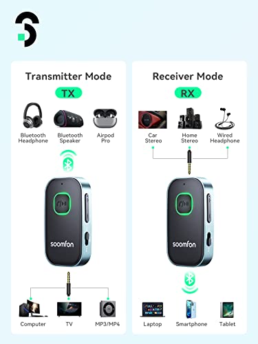 Bluetooth 5.0 AUX Adapter Transmitter Receiver 2 in 1 - SOOMFON 3.5mm Bluetooth Adapter Dual Connection, Wireless Audio Adapter for TV/Home Stereo/Car/Headphones/Speakers/PC