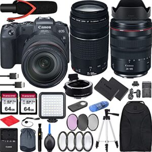 rp with rf 24-105mm f/4 is usm lens mirrorless camera bundle + ef 75-300 is iii, ef-eos rp mount adapter, v30 microphone, led light, extra battery and accessories(backpack and more)