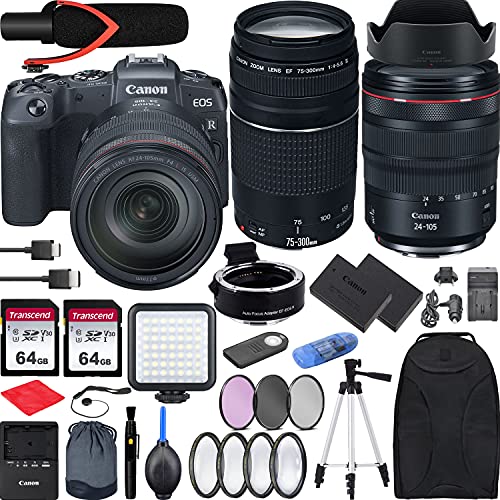 RP with RF 24-105mm f/4 is USM Lens Mirrorless Camera Bundle + EF 75-300 is III, EF-EOS RP Mount Adapter, V30 Microphone, LED Light, Extra Battery and Accessories(Backpack and More)