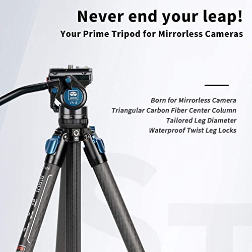 SIRUI ST-124+VA-5 Carbon Fiber Tripod with Fluid Video Head, Triangular Centre Column, Waterproof, Travel Tripod for Cameras, 4 Sections, 62.2inch, Load 6.61lbs