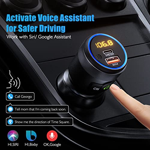 LENCENT Car FM Transmitter, Wireless Bluetooth 5.1 Radio Adapter Car Kit with Big Button, Type C PD 20W and QC3.0 18W Car Fast Charger, Bass Lossless Hi-Fi Sound Music Streaming, Wireless Call