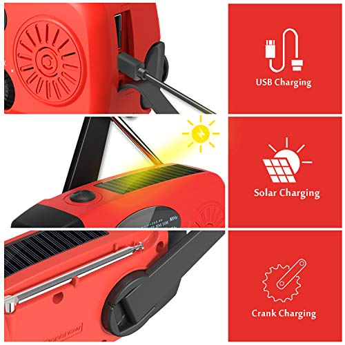 【2023 Upgraded】 iRonsnow Solar Hand Crank Radio AM/FM/NOAA/WB Weather Emergency Radio, Dynamo LED Flashlight 2000mAh Power Bank for iPhone/Android Smart Phone SOS Alarm (IR086 Red)