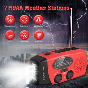 【2023 Upgraded】 iRonsnow Solar Hand Crank Radio AM/FM/NOAA/WB Weather Emergency Radio, Dynamo LED Flashlight 2000mAh Power Bank for iPhone/Android Smart Phone SOS Alarm (IR086 Red)