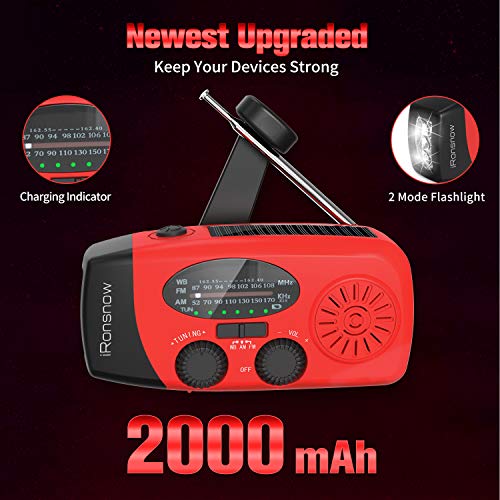 【2023 Upgraded】 iRonsnow Solar Hand Crank Radio AM/FM/NOAA/WB Weather Emergency Radio, Dynamo LED Flashlight 2000mAh Power Bank for iPhone/Android Smart Phone SOS Alarm (IR086 Red)