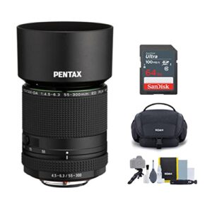 pentax hd pentax-da 55-300mm f/4.5-6.3 ed plm wr re lens bundle with 64gb ultra sdxc uhs-i memory card camera system gadget bag with accessory and cleaning kit (3 items)