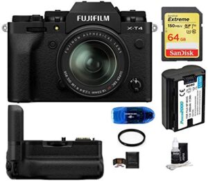 fujifilm x-t4 mirrorless digital camera with xf 18-55mm f/2.8-4 r lm ois lens (black) bundle, includes: sandisk 64gb extreme sdxc memory card, fujifilm vg-xt4 battery grip and more (8 items)