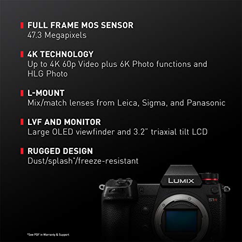 Panasonic LUMIX S1R Full Frame Mirrorless Camera with 47.3MP MOS High Resolution Sensor, L-Mount Lens Compatible, 4K HDR Video and 3.2” LCD - DC-S1RBODY