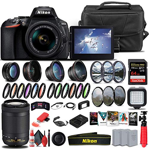 Nikon D5600 DSLR Camera with 18-55mm Lens (1576) + Nikon 70-300mm Lens + 64GB Memory Card + Case + Corel Software + 2 x EN-EL14A Battery + LED Light + Filter Kit + More (International Model) (Renewed)