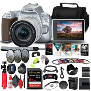 canon eos 250d / rebel sl3 dslr camera with 18-55mm lens (silver) (3461c001) + 64gb memory card + color filter kit + filter kit + lpe17 battery + external charger + card reader + more (renewed)