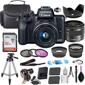 commander optics professional photo bundle for m50 mirrorless digital camera (black) w/ef-m 15-45mm f/3.5-6.3 is stm + wide-angle and telephoto lenses + portable tripod + memory card