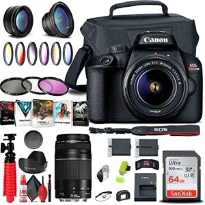 canon eos rebel t100 / 4000d dslr camera with 18-55mm lens, canon ef 75-300mm lens, 64gb memory card, color filter kit, case, corel photo software, lpe10 battery + more (renewed)