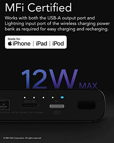 ZMI LevPower M10 MFi & Qi Certified USB PD Portable Charger with USB-C & Lightning Ports, Wireless Power Bank Compatible with iPhone 14/13/12/11/Pro/Max/X/XS/XS Max/8/8 Plus & iPad