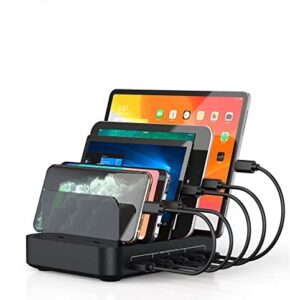 charging station for multiple devices, 50w multi usb charger station,5 ports charging dock with 8 short mixed cables watch & airpod stand included for iphone, ipad, cell phone, tablets