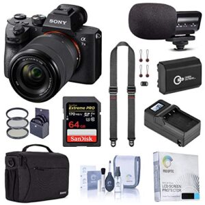 sony alpha a7 iii mirrorless digital camera with 28-70mm lens bundle with bag, 64gb sd card, extra battery, smart charger, mic, neck strap and accessories