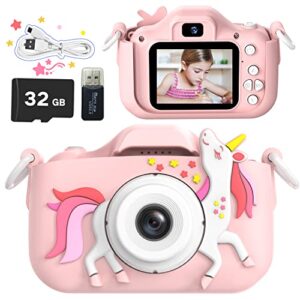 outuvas kids hd digital video cameras for toddler, christmas birthday gifts for boys and girls age 3+, 1080p hd anti-drop camera, with 32gb sd card. (pink)