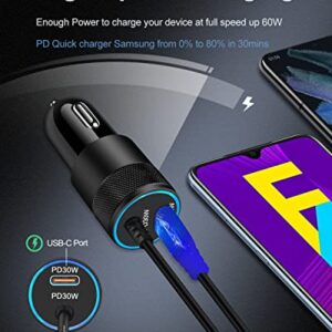 USB C Car Charger, 60W Fast Charge Type C Car Charger Cigarette Lighter Adapter with 3Ft Type C Cable Fast Charging for Samsung Galaxy S23/S22/S21/S20/Note 20/A03s/A23/A53/A04s, Google Pixel 7/6/5/4XL