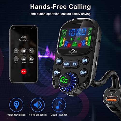 Bluetooth 5.3 FM Transmitter for Car- SOARUN Bluetooth Car Adapter PD30W & USB Port Fast Charge - HiFi Treble & Bass Player - 1.6" Display Hands-Free Calling - Car Radio with AUX Input/Output, TF Card