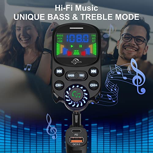 Bluetooth 5.3 FM Transmitter for Car- SOARUN Bluetooth Car Adapter PD30W & USB Port Fast Charge - HiFi Treble & Bass Player - 1.6" Display Hands-Free Calling - Car Radio with AUX Input/Output, TF Card