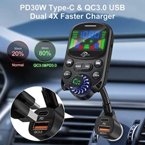 Bluetooth 5.3 FM Transmitter for Car- SOARUN Bluetooth Car Adapter PD30W & USB Port Fast Charge - HiFi Treble & Bass Player - 1.6" Display Hands-Free Calling - Car Radio with AUX Input/Output, TF Card