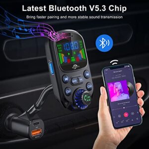 Bluetooth 5.3 FM Transmitter for Car- SOARUN Bluetooth Car Adapter PD30W & USB Port Fast Charge - HiFi Treble & Bass Player - 1.6" Display Hands-Free Calling - Car Radio with AUX Input/Output, TF Card