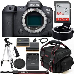 canon eos r5 full frame mirrorless camera (body only) bundle + eos r mount adapter + 64gb ultra high speed memory card + accessories including extra battery, case and tripod (renewed)