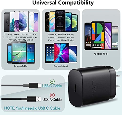 Super Fast Charger Type C,2Pack 25W USB Type C Fast Wall Charger Block with 10FT C Charging Cable for Samsung Galaxy S22/S22 Ultra/S22+/S21/S21 Ultra/S21+/S20/S20 Ultra/Note 20 Ultra/Note 10/Z Fold 3