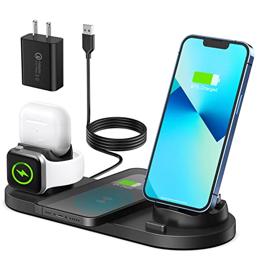 Atrden [Multi-Function Wireless Charging Station] 6 in 1, 15W Fast Wireless Charger for iPhone 14/13/12/11 Series, iWatch 7/6/5/4/3, AirPods and Smartphones (Black)