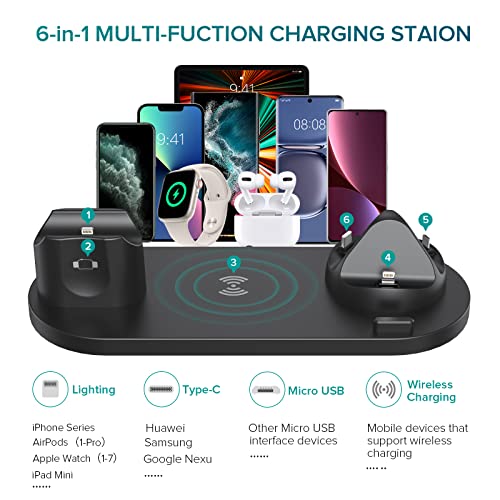 Atrden [Multi-Function Wireless Charging Station] 6 in 1, 15W Fast Wireless Charger for iPhone 14/13/12/11 Series, iWatch 7/6/5/4/3, AirPods and Smartphones (Black)