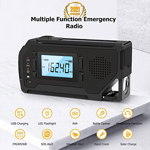 Zukakii 2000 Emergency Weather Radio, Portable Solar Hand Crank AM/FM Radio 4 Power Sources Battery Powered with LED Flashlight LCD Screen SOS Alarm Survival Bracelet for Outdoor Emergency