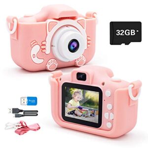 kids camera for girls and boys,1080p hd digital video cameras for toddler,outdoor activity anti-drop cartoon camera 2.0 inch screen video recorder 3-12 year old kids birthday christmas gift 32gb sd